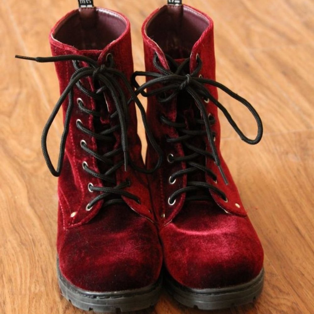 Red velvet combat/lace up boots